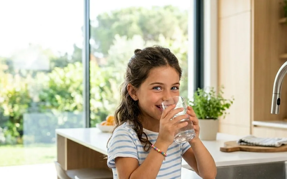 Bambina beve acqua pura dal rubinetto con affinatore Noviga