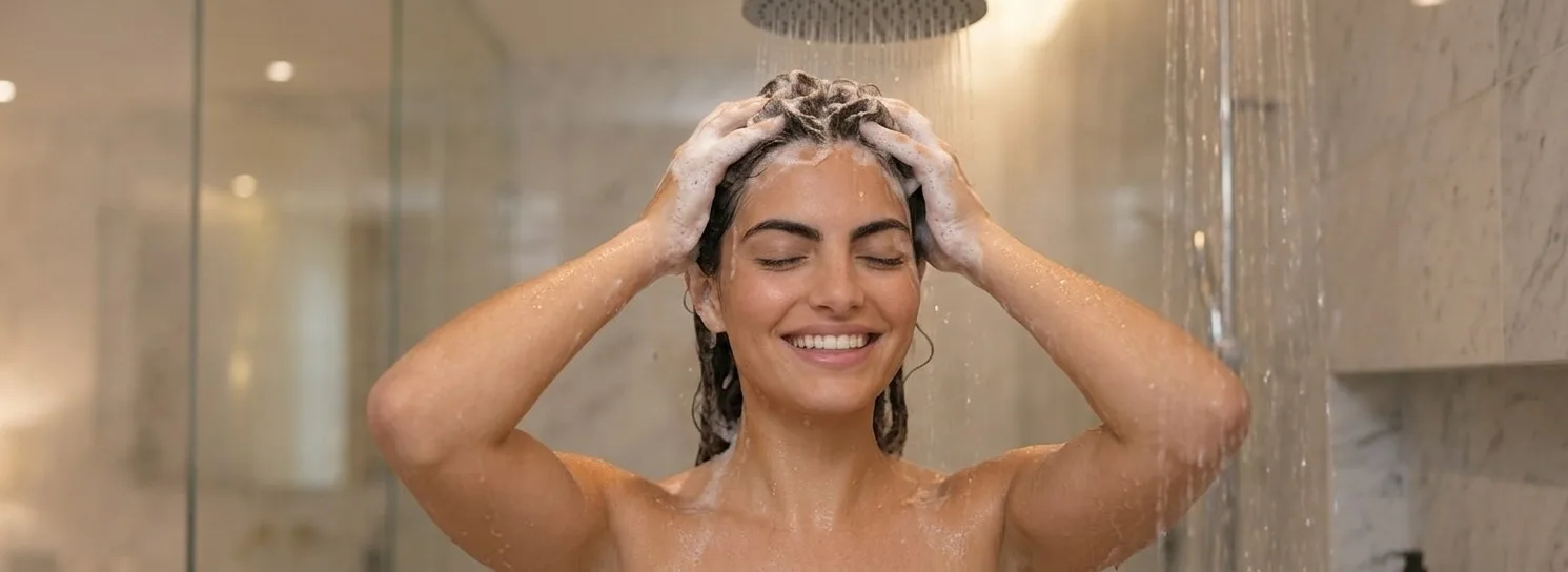 Donna sotto la doccia con acqua addolcita — pelle e capelli protetti dal calcare