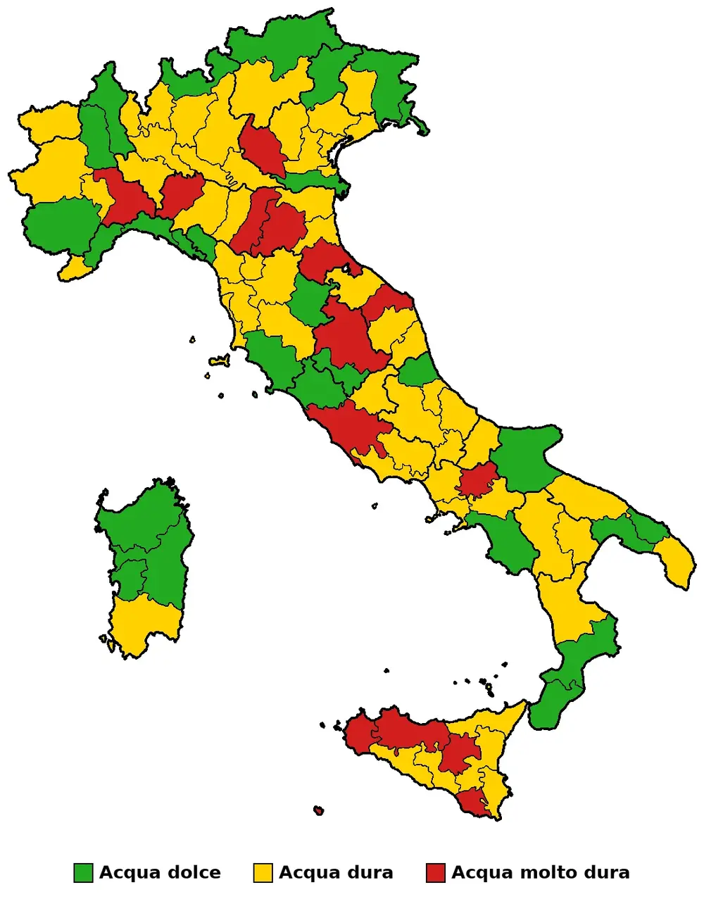 Mappa durezza acqua in Italia — la Sicilia tra le zone con acqua pi&ugrave; dura