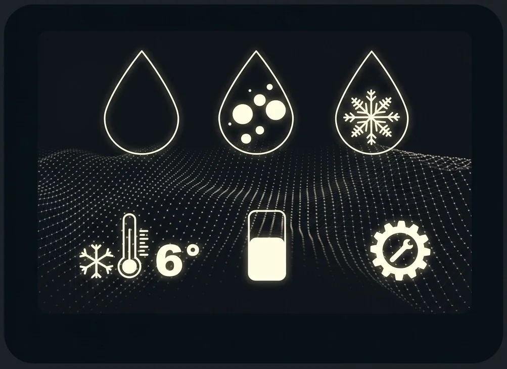 Display del purificatore Noviga Diamante con le icone delle tre tipologie d'acqua erogate